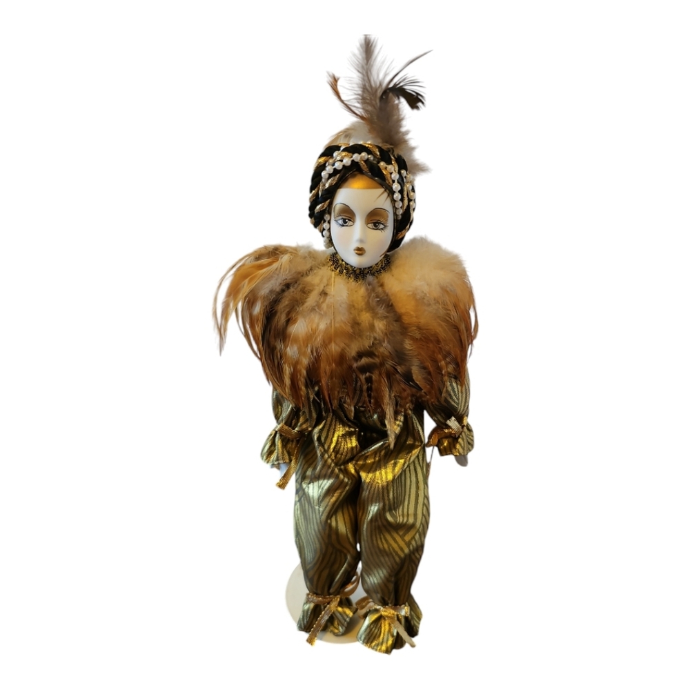 Vintage Golden Ornamen Feathered Harlequin porcelain doll. Collectible